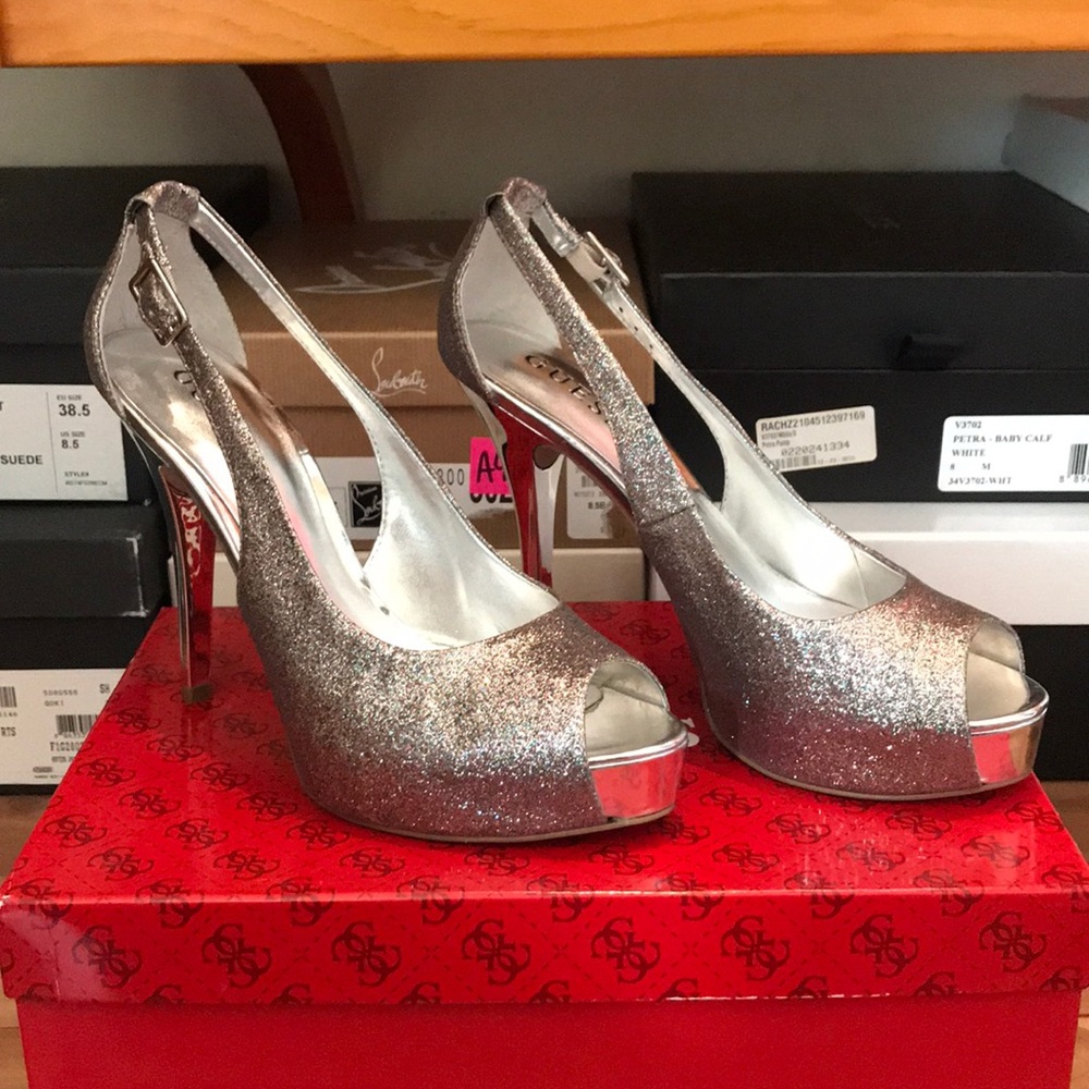 Guess glitter open toe slingback heels